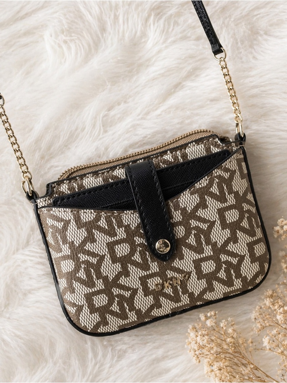 DKNY Small Crossbody Bag Brown Monogram Mini Purse Gold Chain Compact Bag